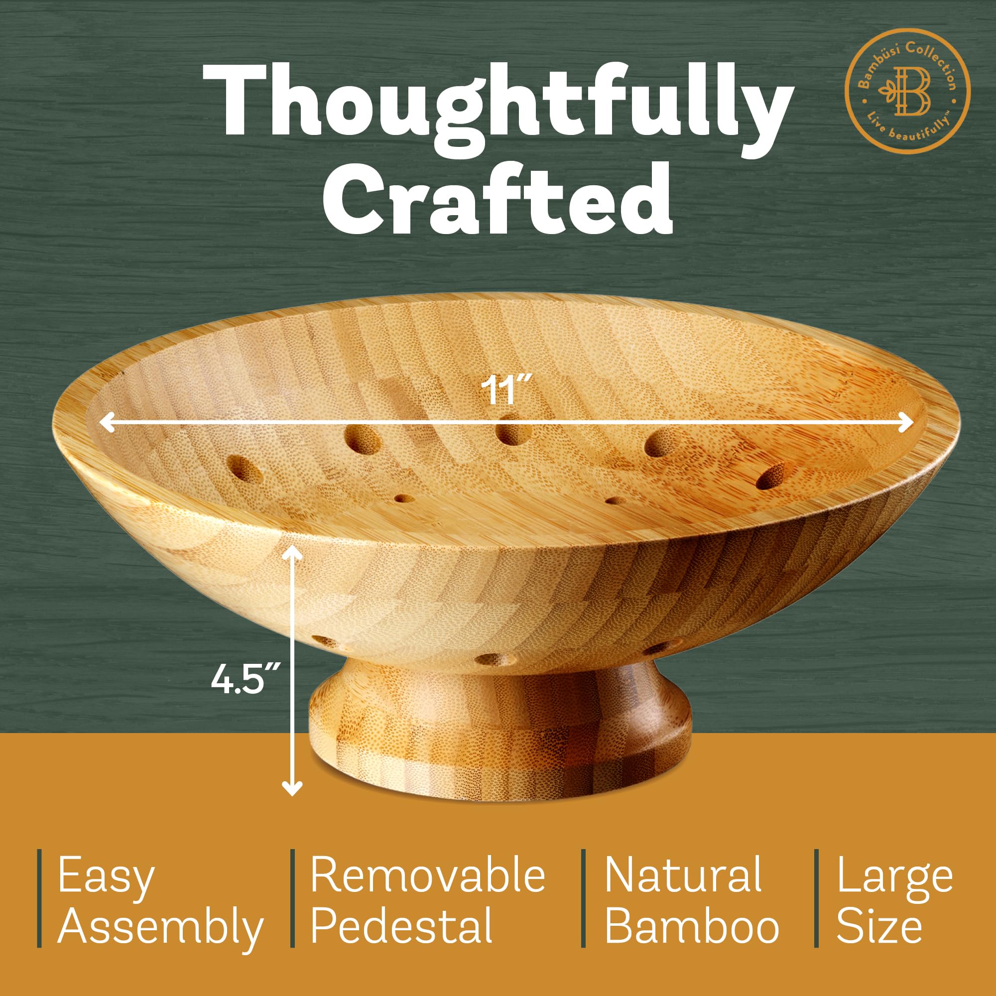 Bambüsi Large bamboo fruit bowl stores produce on the kitchen island.