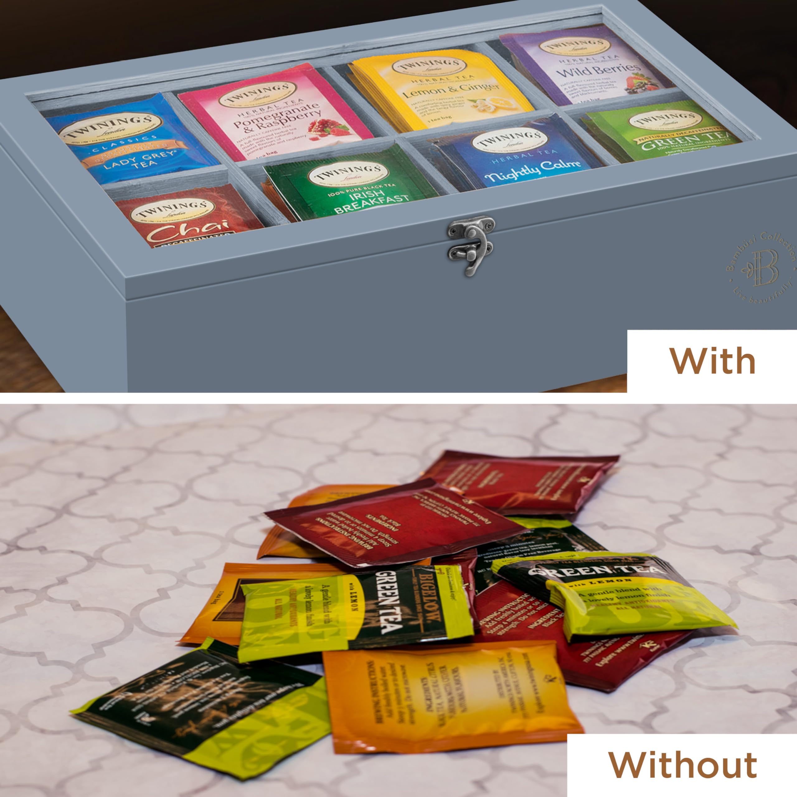 Tea bag display case shown on counter for quick selection.