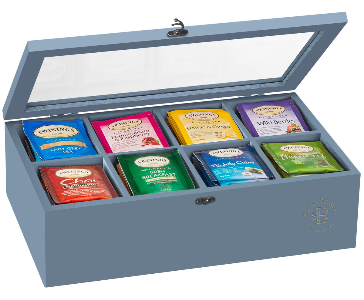 Bambüsi tea box organizer with acrylic window showcases tea bags and keeps them fresh.