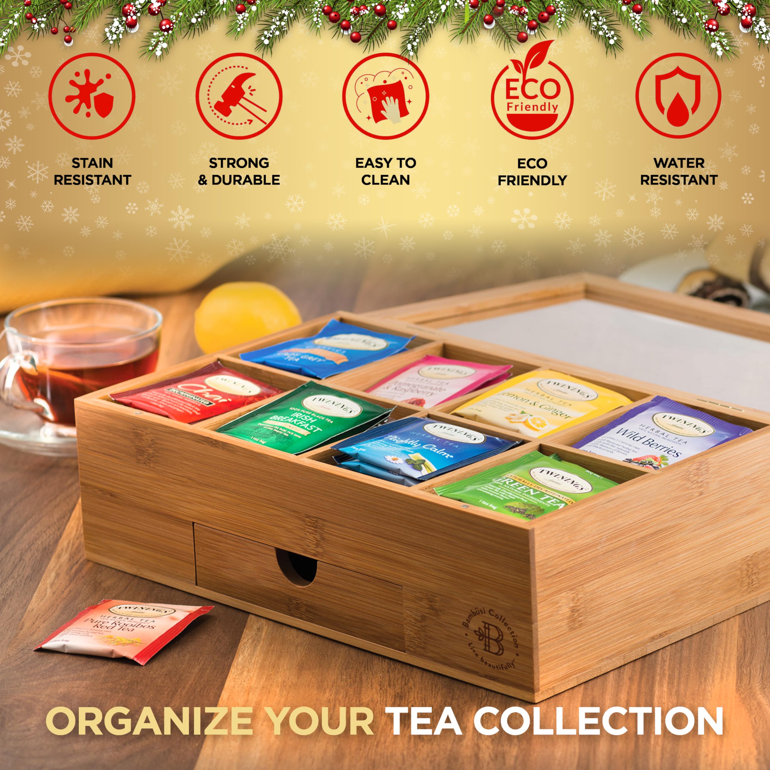 Bambüsi tea organizer drawer adds extra space for spoons and sweeteners