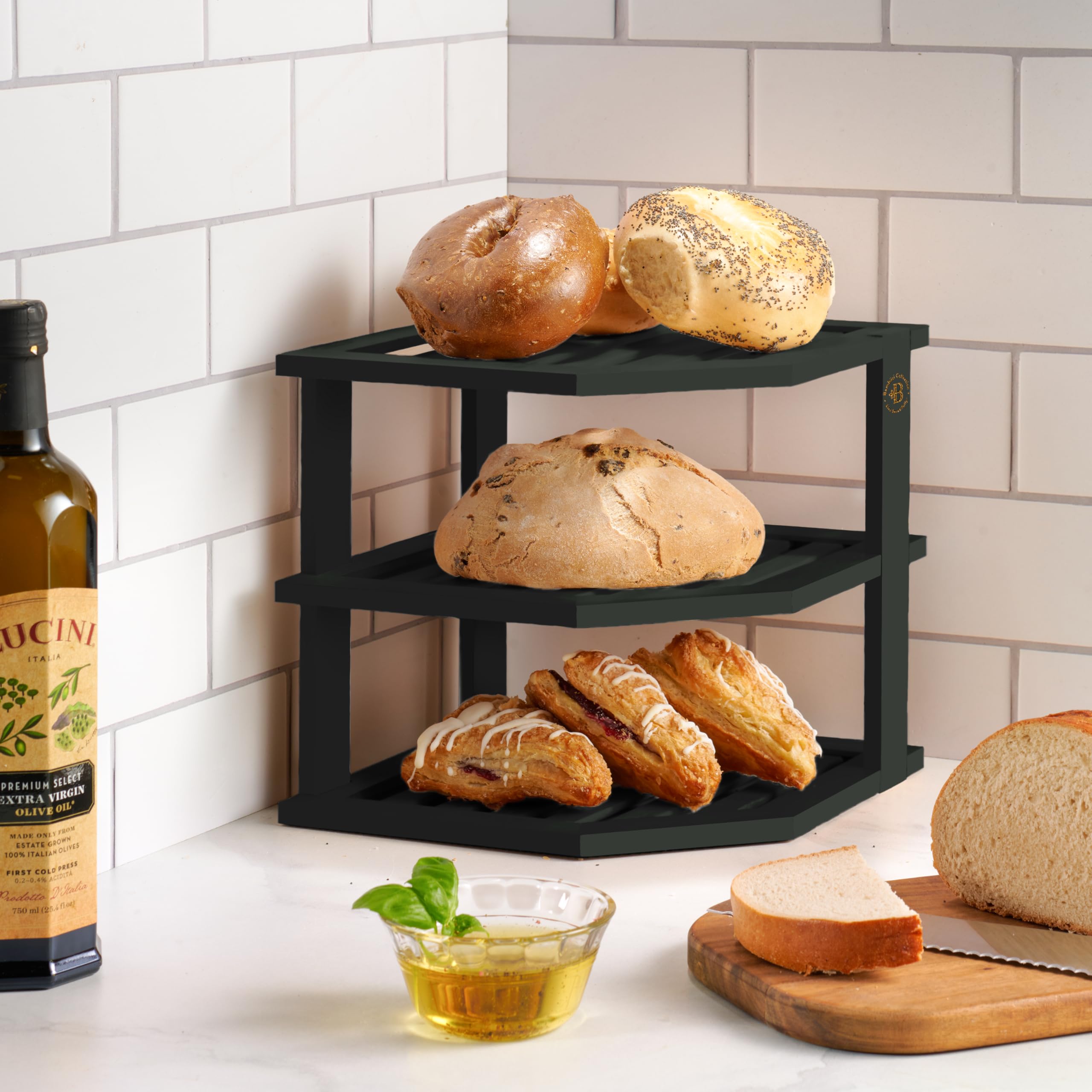 Bambüsi three-tier rack keeps kitchen clutter organized on countertops and in cabinets.