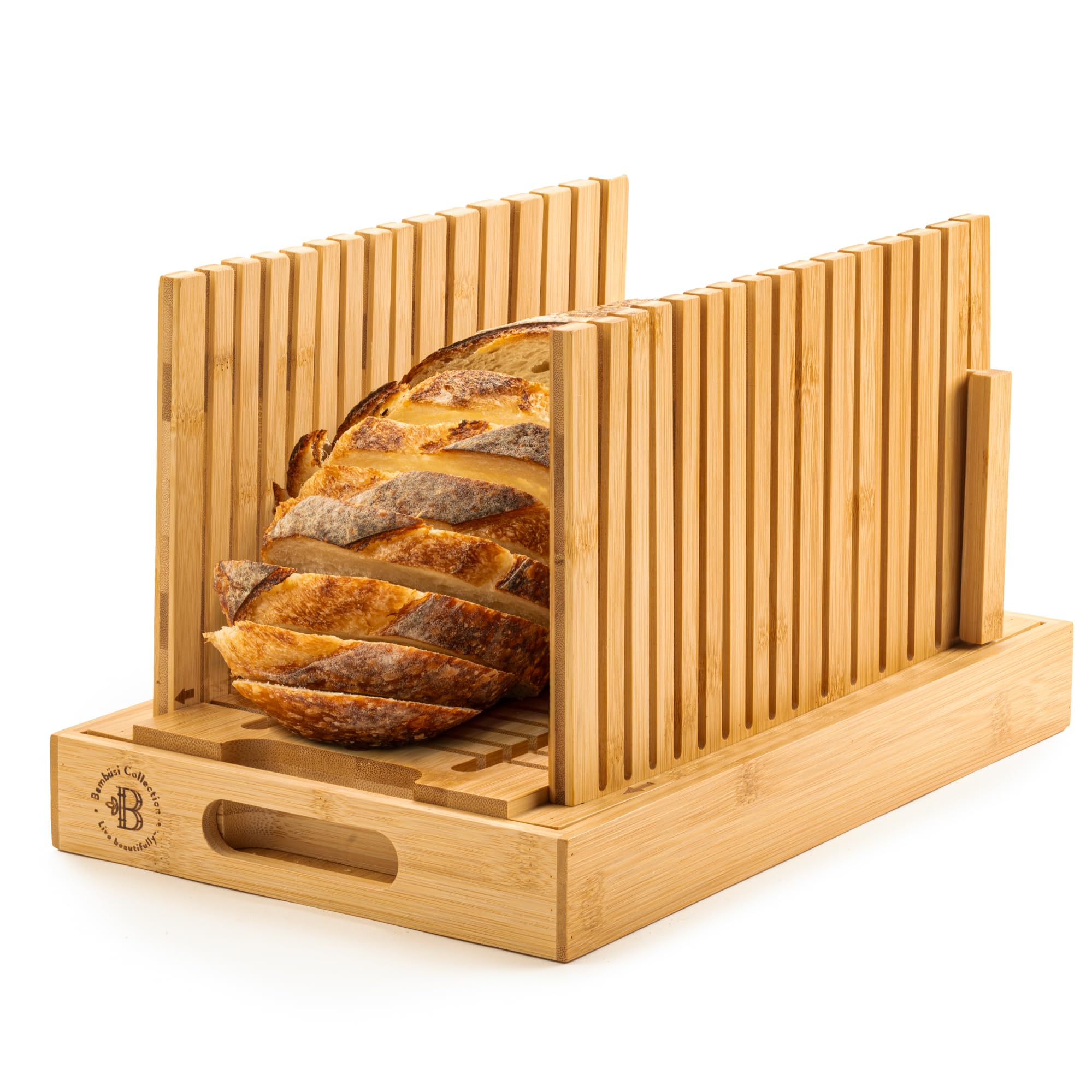 Bambüsi upgraded bread slicer on bamboo board for clean, precise slicing