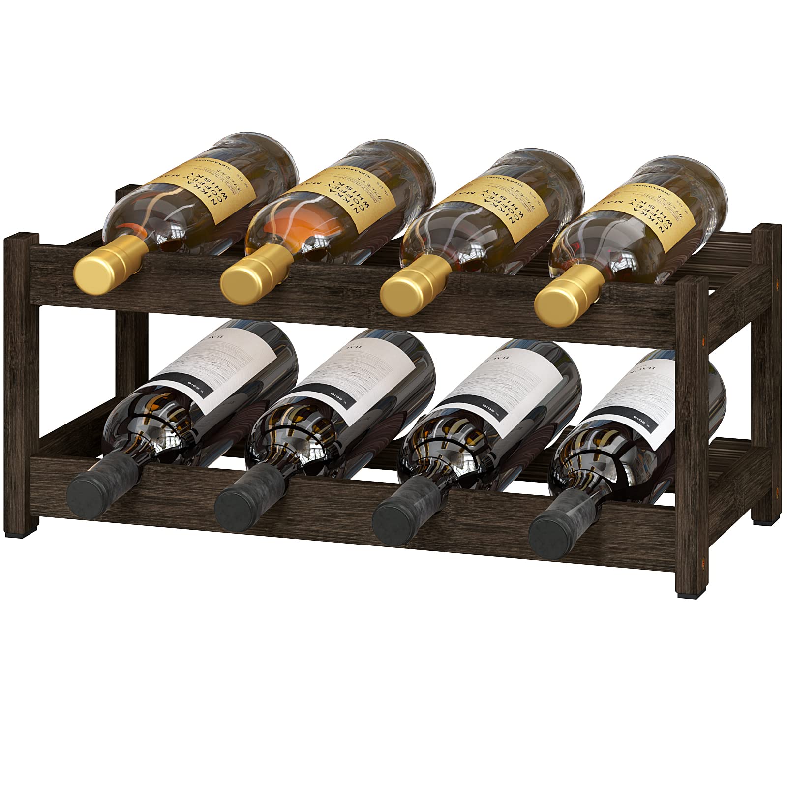 BAMEOS freestanding two-tier wine rack in mocha finish provides sturdy, stylish storage.