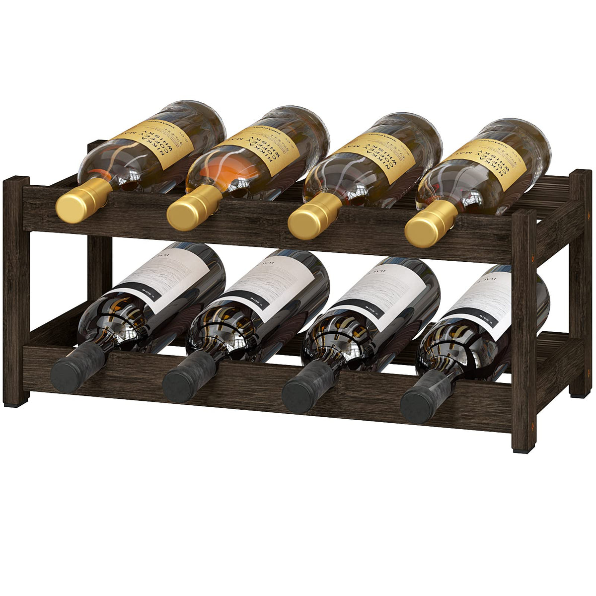 BAMEOS freestanding two-tier wine rack in mocha finish provides sturdy, stylish storage.