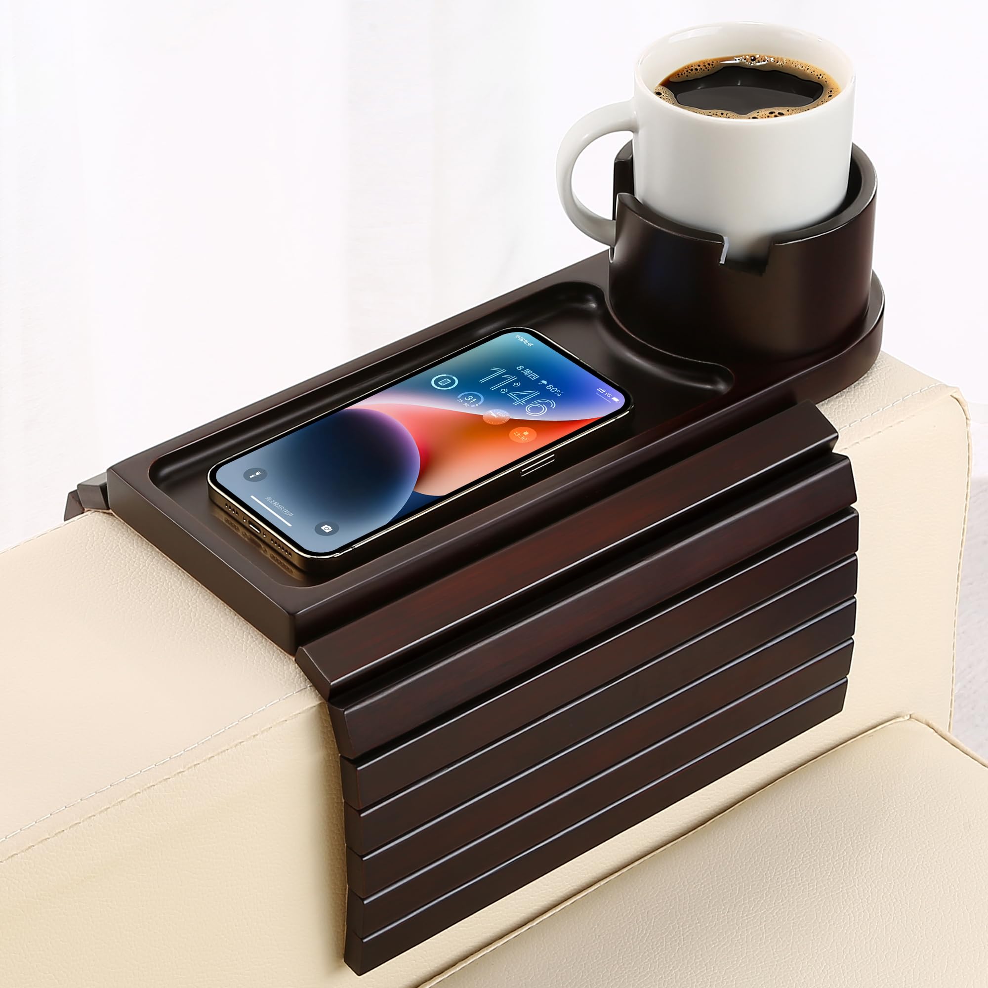 BAMTRAY couch cup holder tray in use on a sofa arm for easy reach