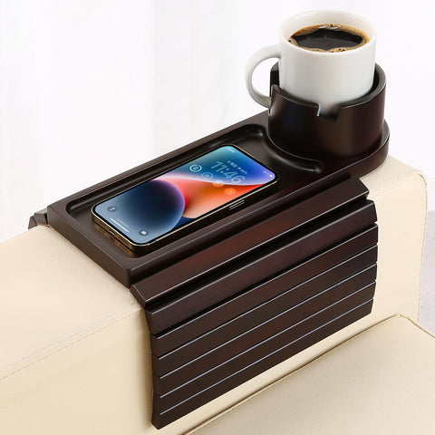 BAMTRAY couch cup holder tray in use on a sofa arm for easy reach