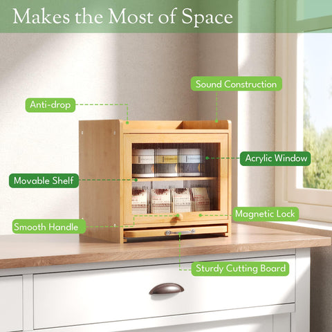 Back-panel ventilation on bamzc brz bread box moderating humidity around stored goods