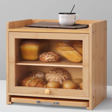 bamzc brz bamboo bread box on kitchen counter with natural finish reducing clutter