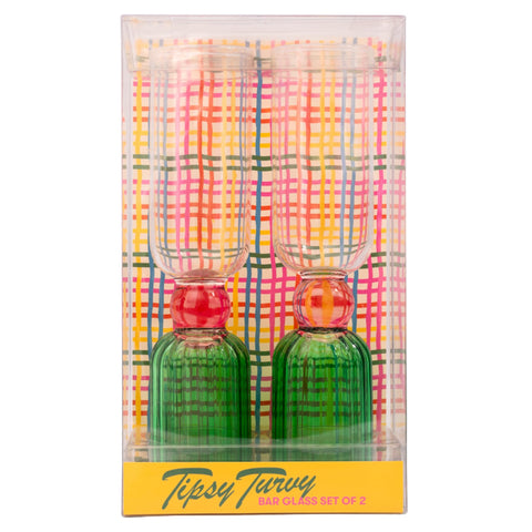 ban.do bar glass set 2 red-bottom ridged detail highlights texture for tactile sipping.