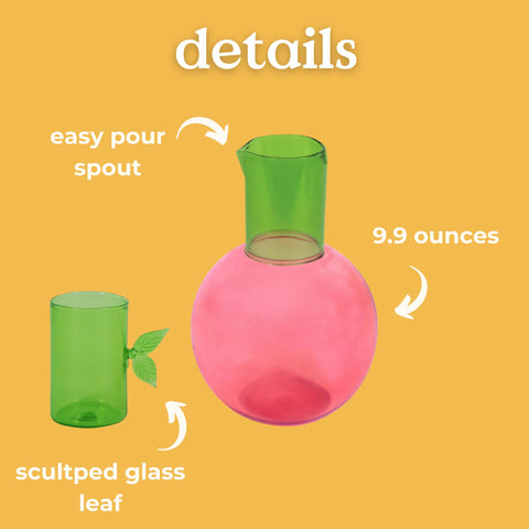 Ban.do cherry carafe with leaf-handle cup lid for stylish pouring.
