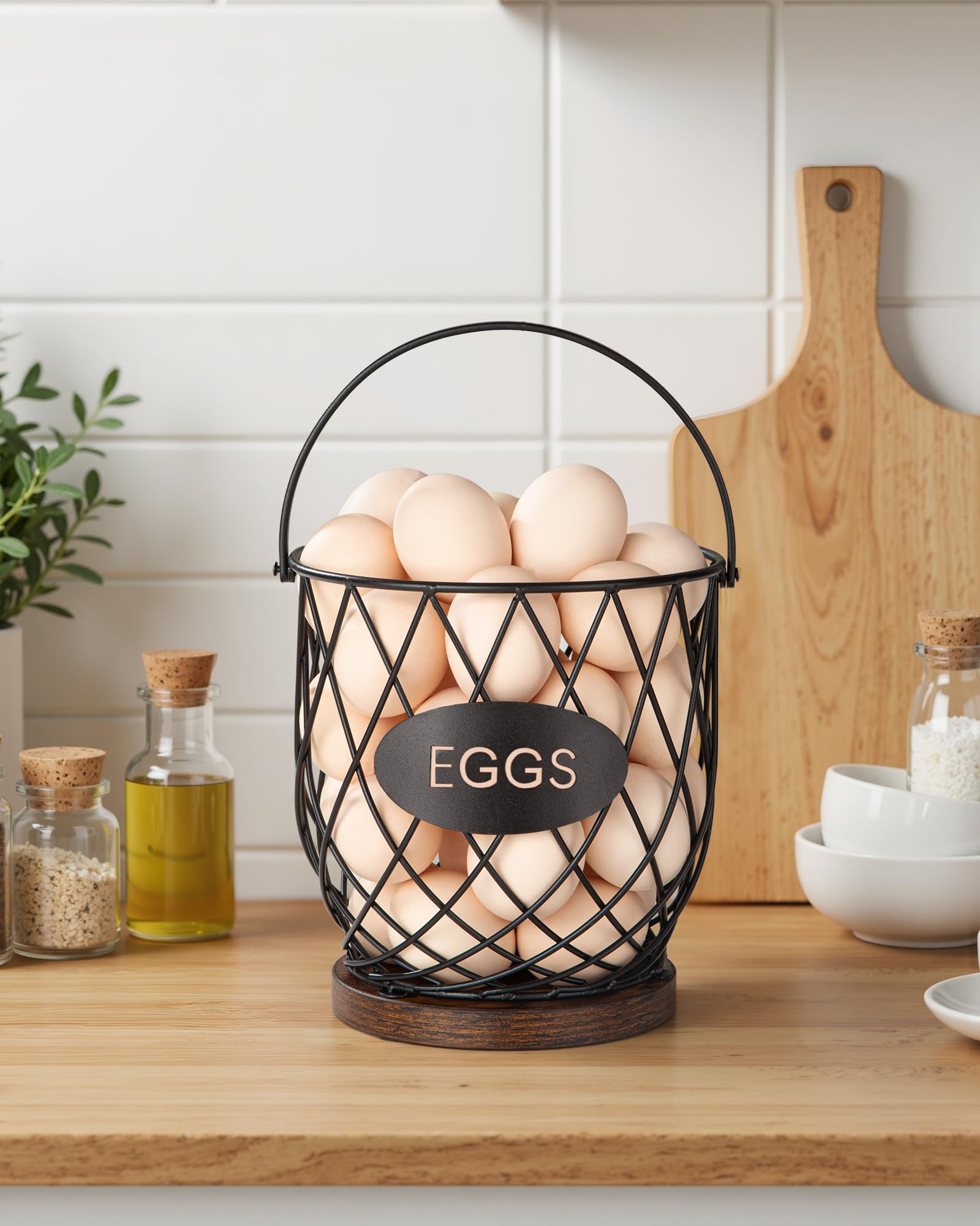 Banawey egg basket with wooden base for stable countertop storage