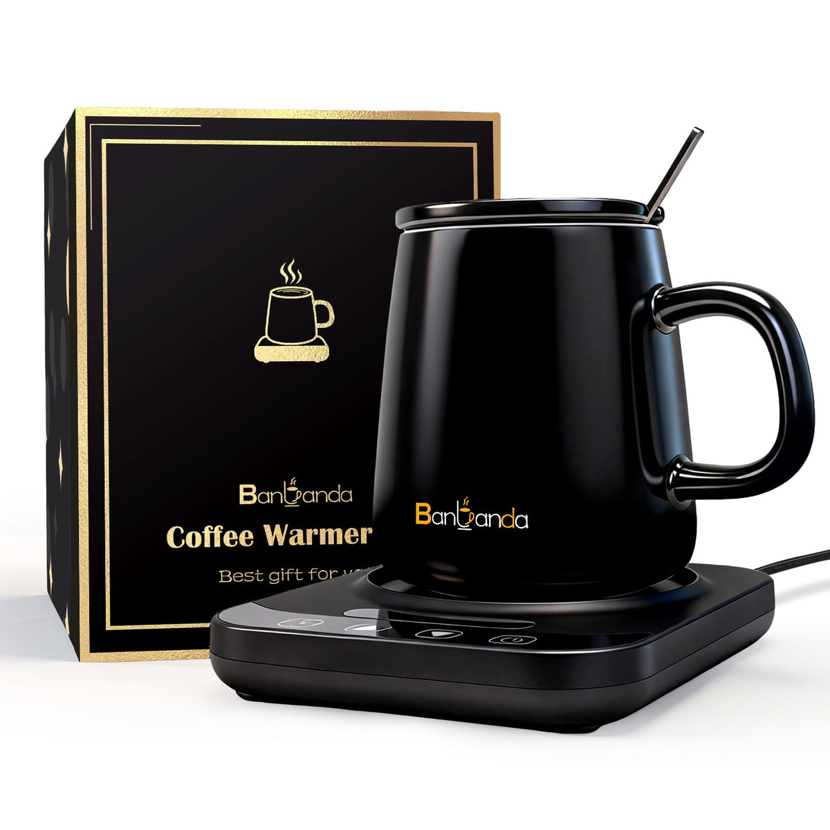 Banbanda desk coffee mug warmer with digital display keeps coffee warm.