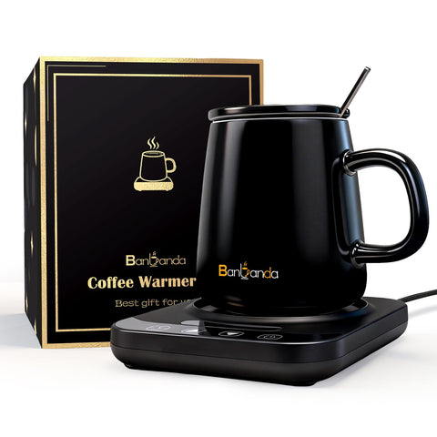 Banbanda desk coffee mug warmer with digital display keeps coffee warm.