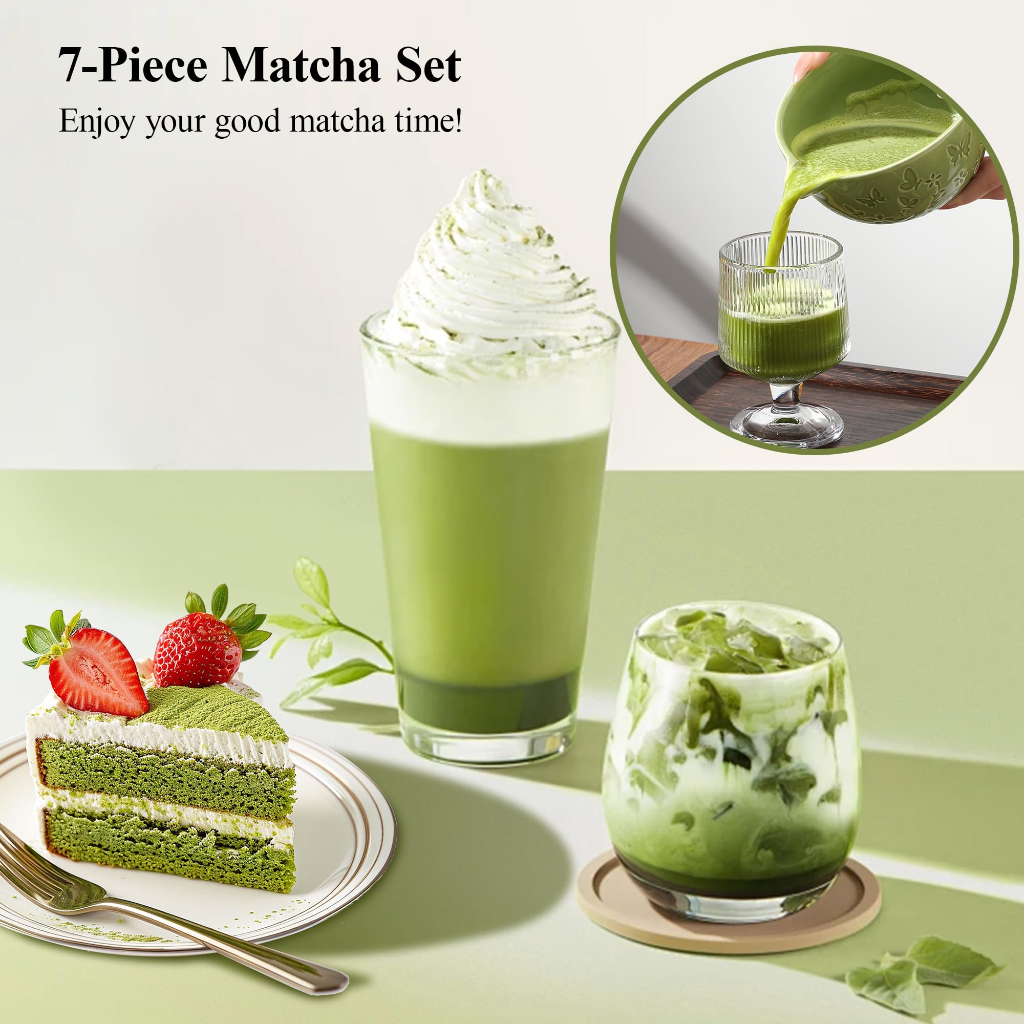 Bandiction 7-piece matcha set displayed together for a ceremony