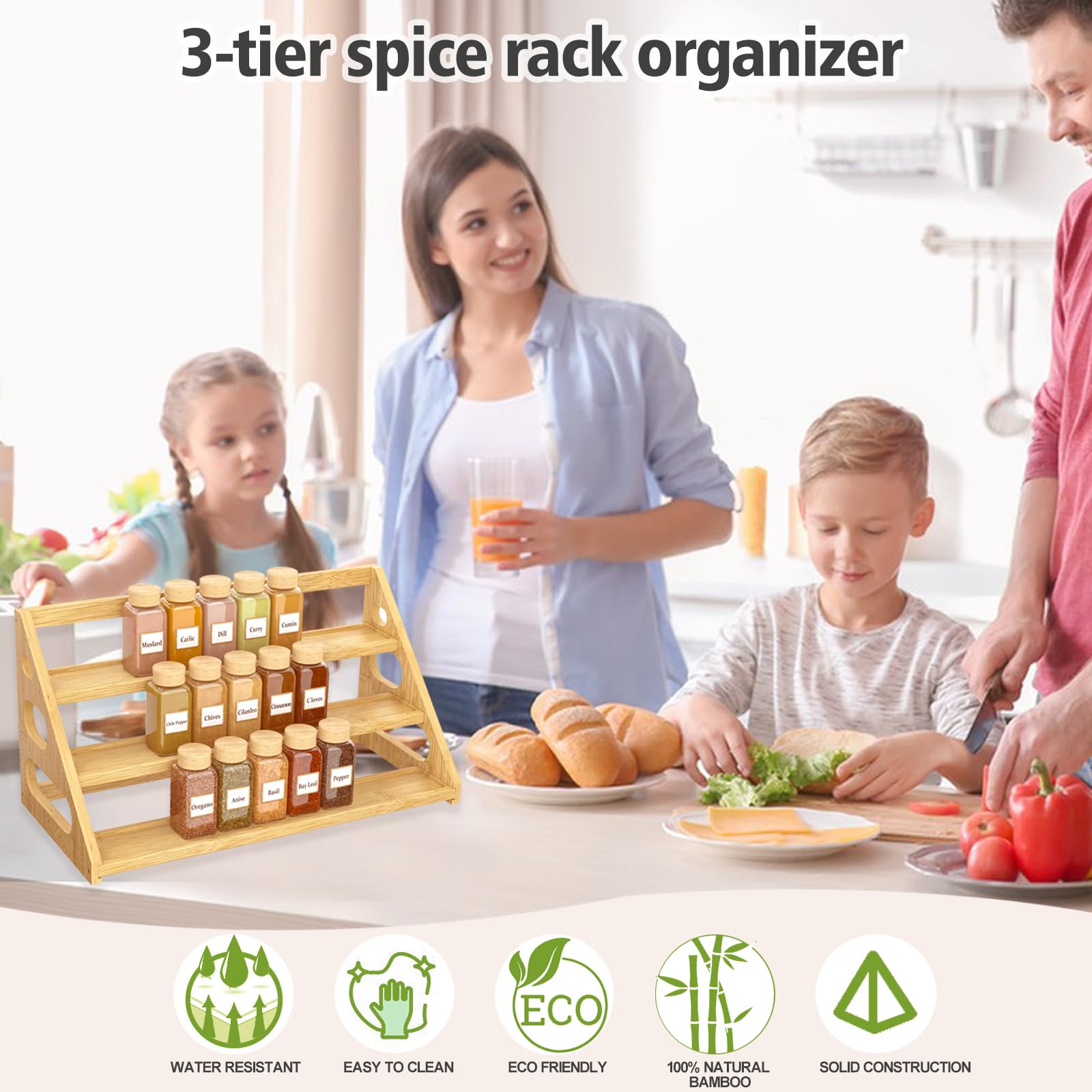 Banlilus Spice Rack on cabinet or countertop keeps spices accessible.