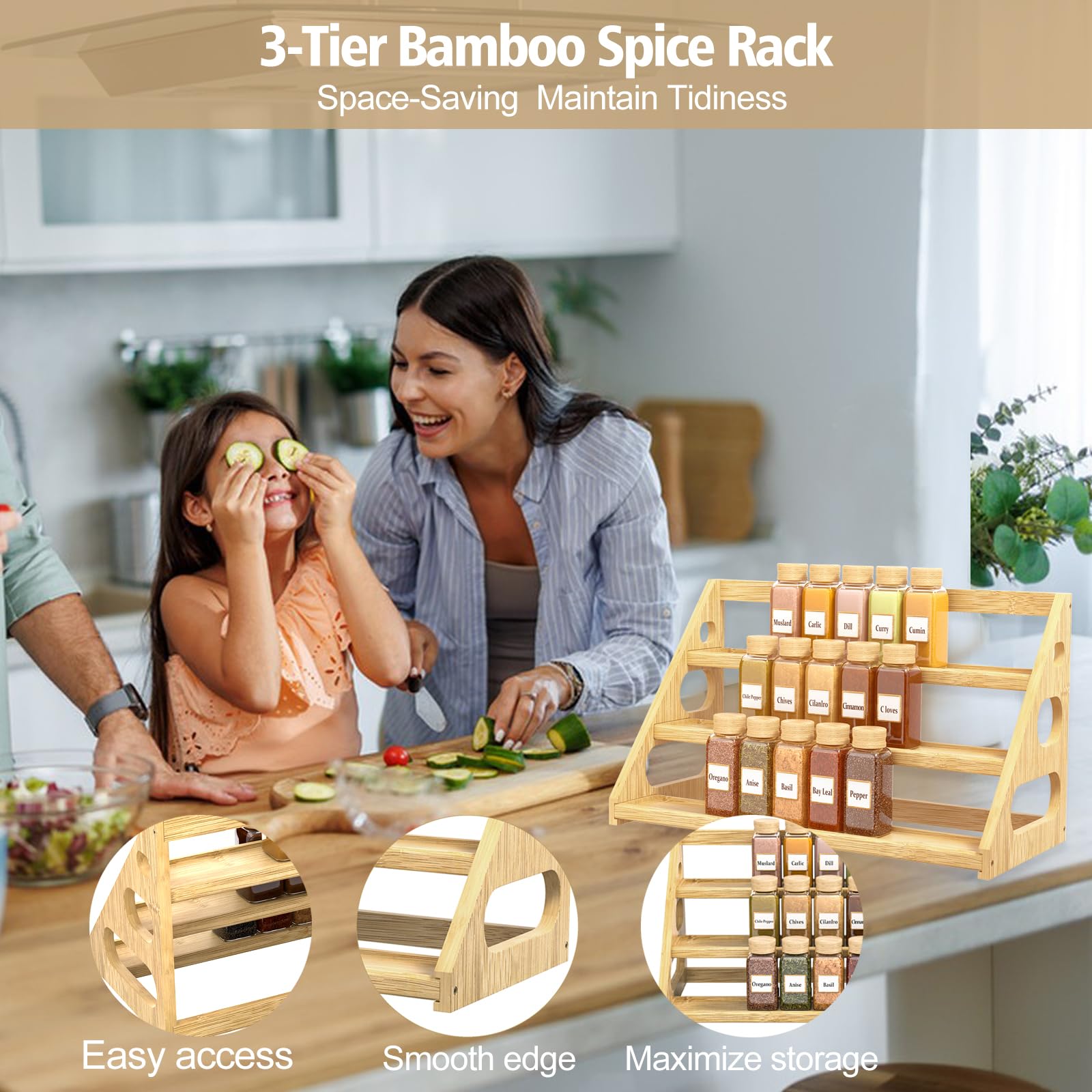 Banlilus bamboo rack organizes spice bottles and vitamins with clear tiers.