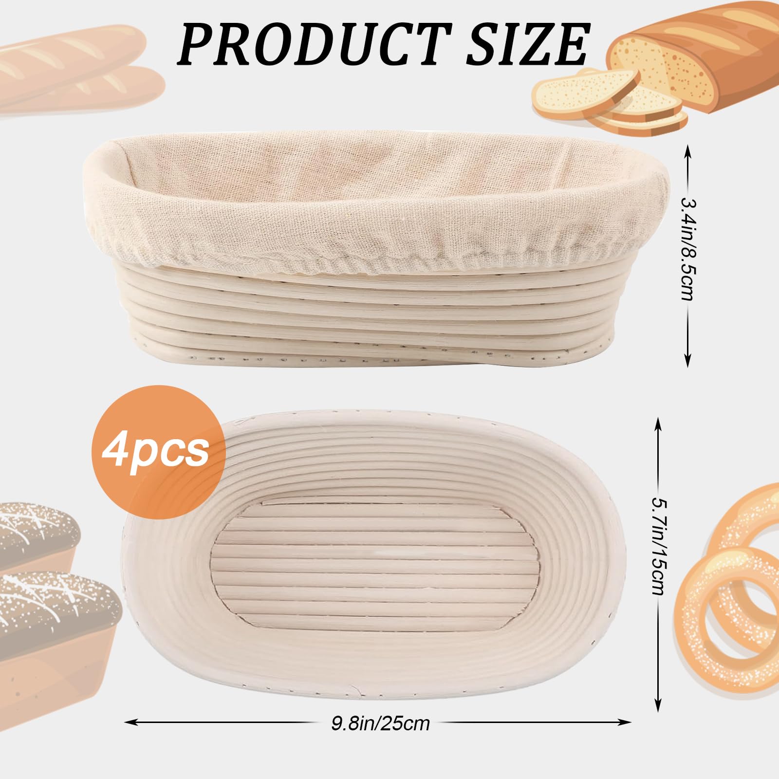 Set of four oval bannetons with liners for uniform dough proofing.
