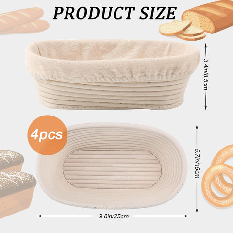 Set of four oval bannetons with liners for uniform dough proofing.