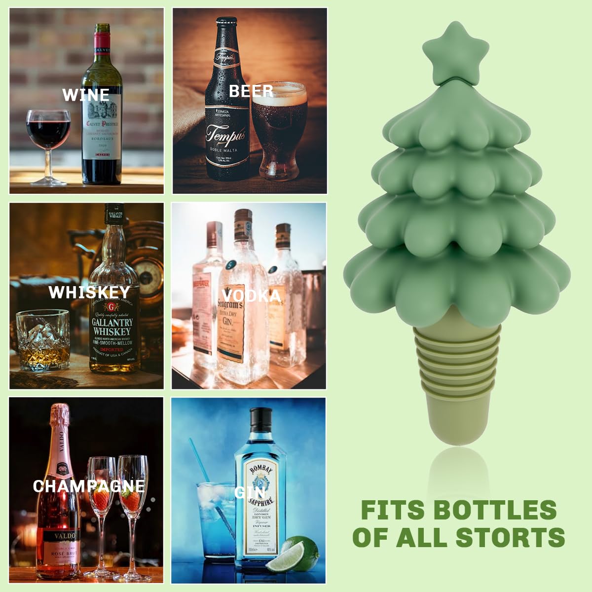 Banvih Christmas Tree wine stopper angle-2 shows versatile fit for many bottle sizes at home.