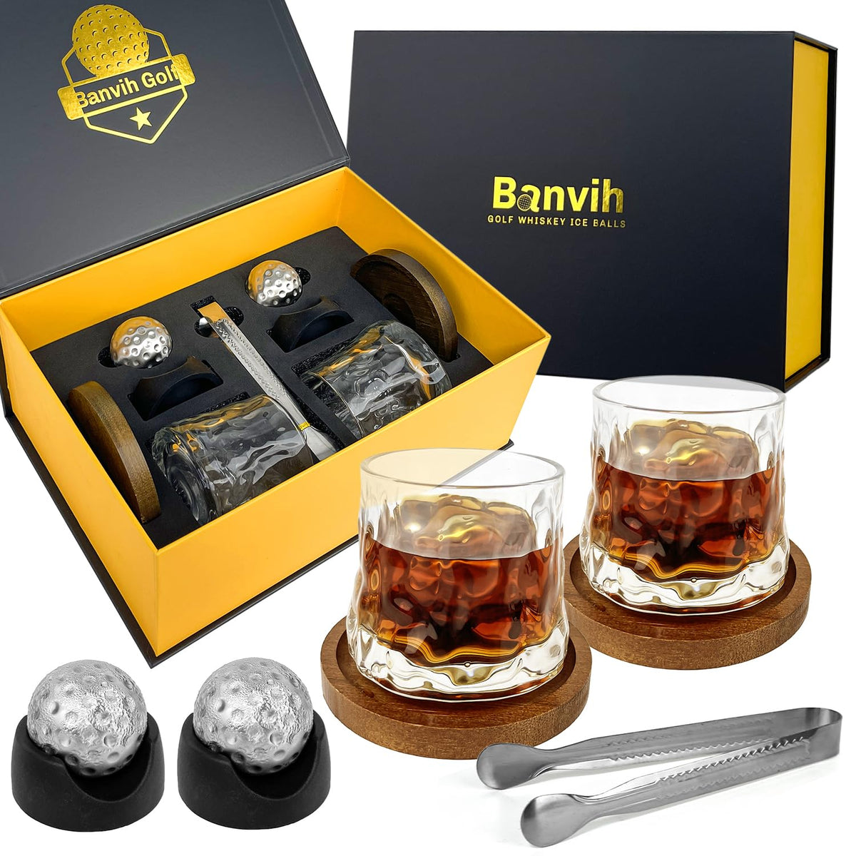 Banvih whiskey golf stones box presents a premium mahogany gift for golfers.