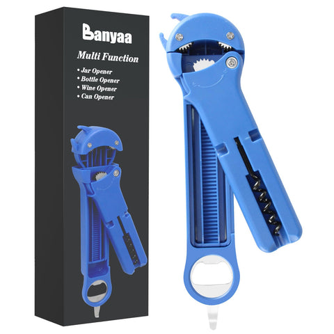 Banyaa 7in1 blue opener with jar, bottle, and wine opening capabilities
