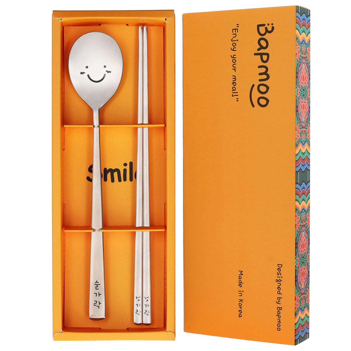 BAPMOO Korean utensils set with long-handle spoon and chopsticks for daily dining.