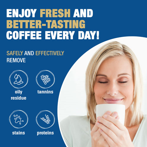 Bar Keepers Friend Coffee Maker Cleaner with carafe demonstrates residue removal for cleaner pours