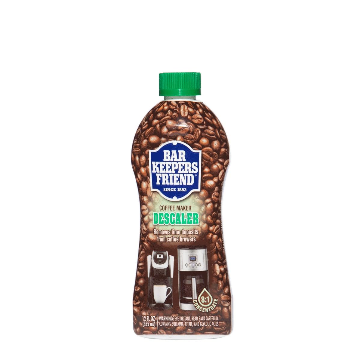 Bar Keepers Friend Coffee Maker Descaler removes mineral buildup from an espresso machine for cleaner brewing.