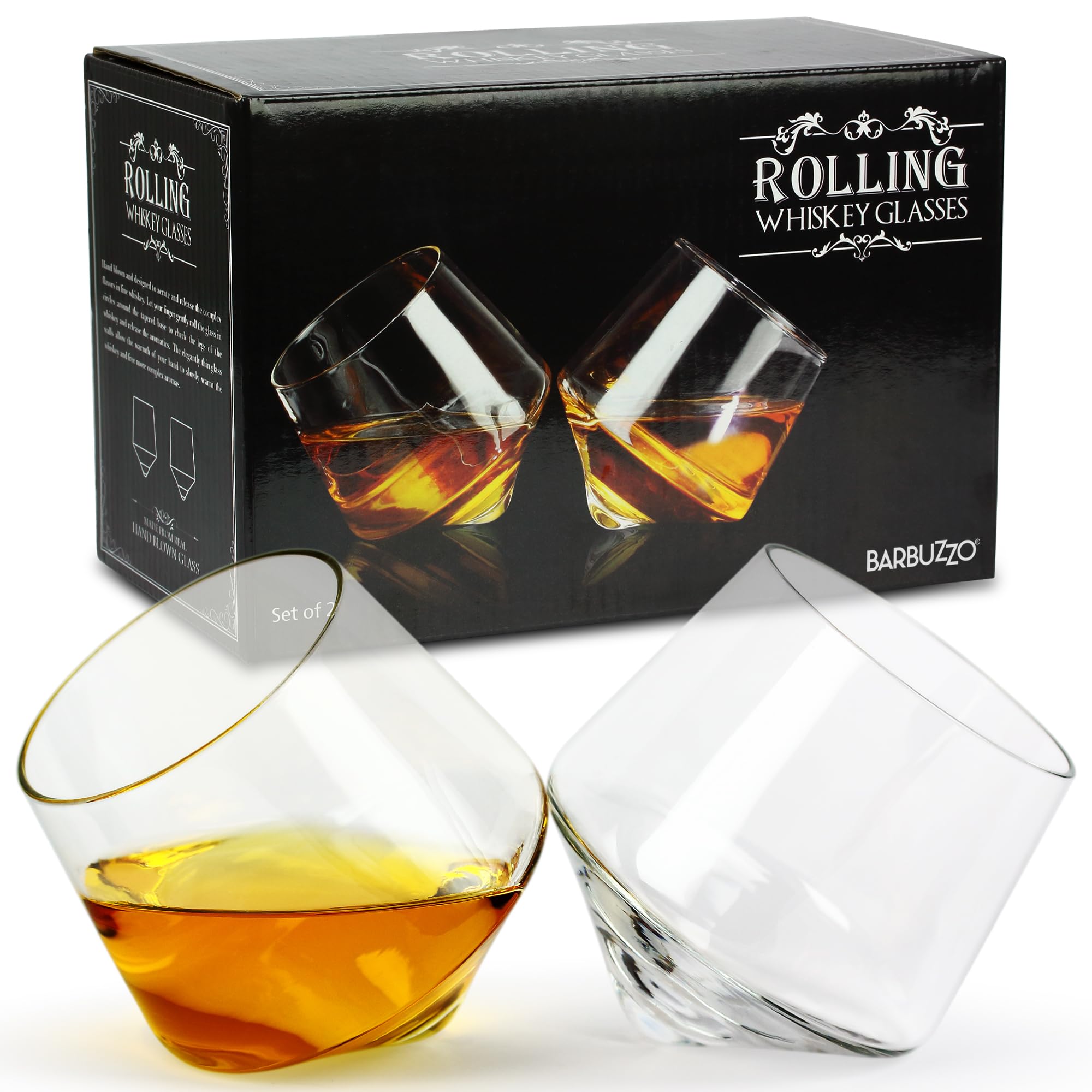 Barbuzzo rolling whiskey glasses set of 2 with hand-blown bases enhancing aroma and aeration