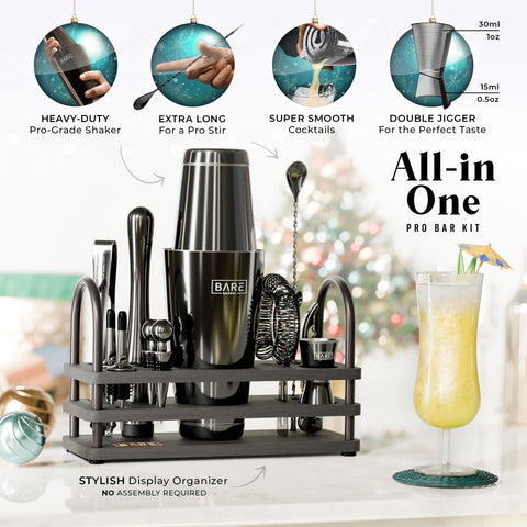 Bare Barrel 14-piece bar set with jet black tools for home bartenders.