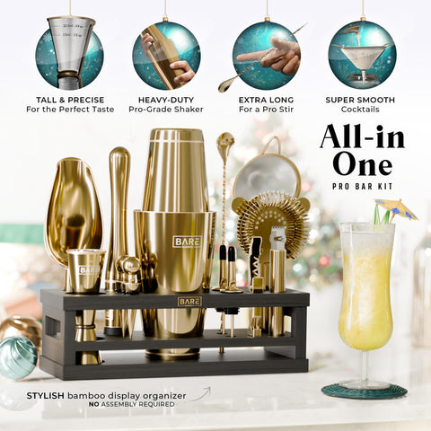 Bare Barrel 28oz Boston shaker in gold and black for pro-style cocktails.
