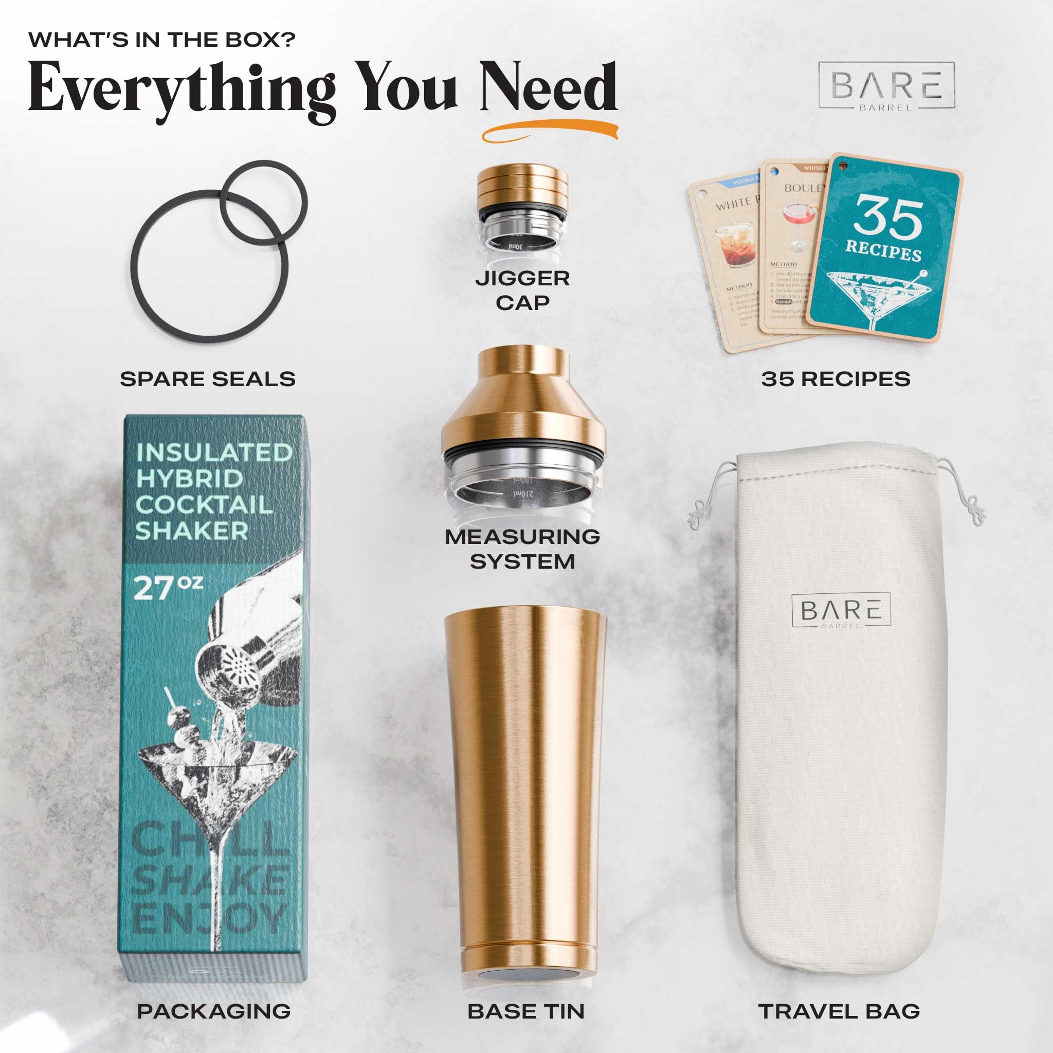 Bare Barrel set with 35 recipe cards for cocktail inspiration