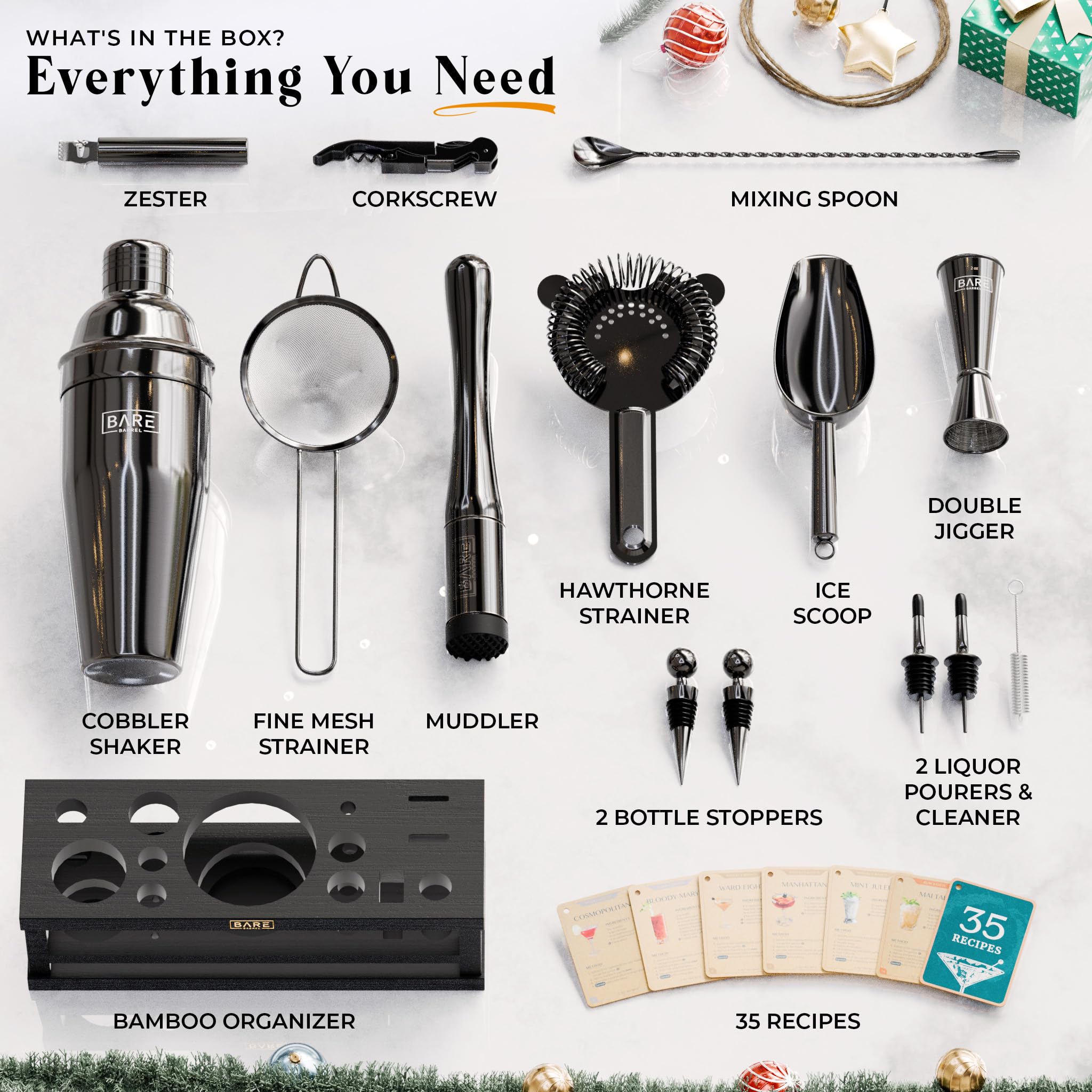 Bare Barrel 35 recipe cards offering versatile cocktail ideas
