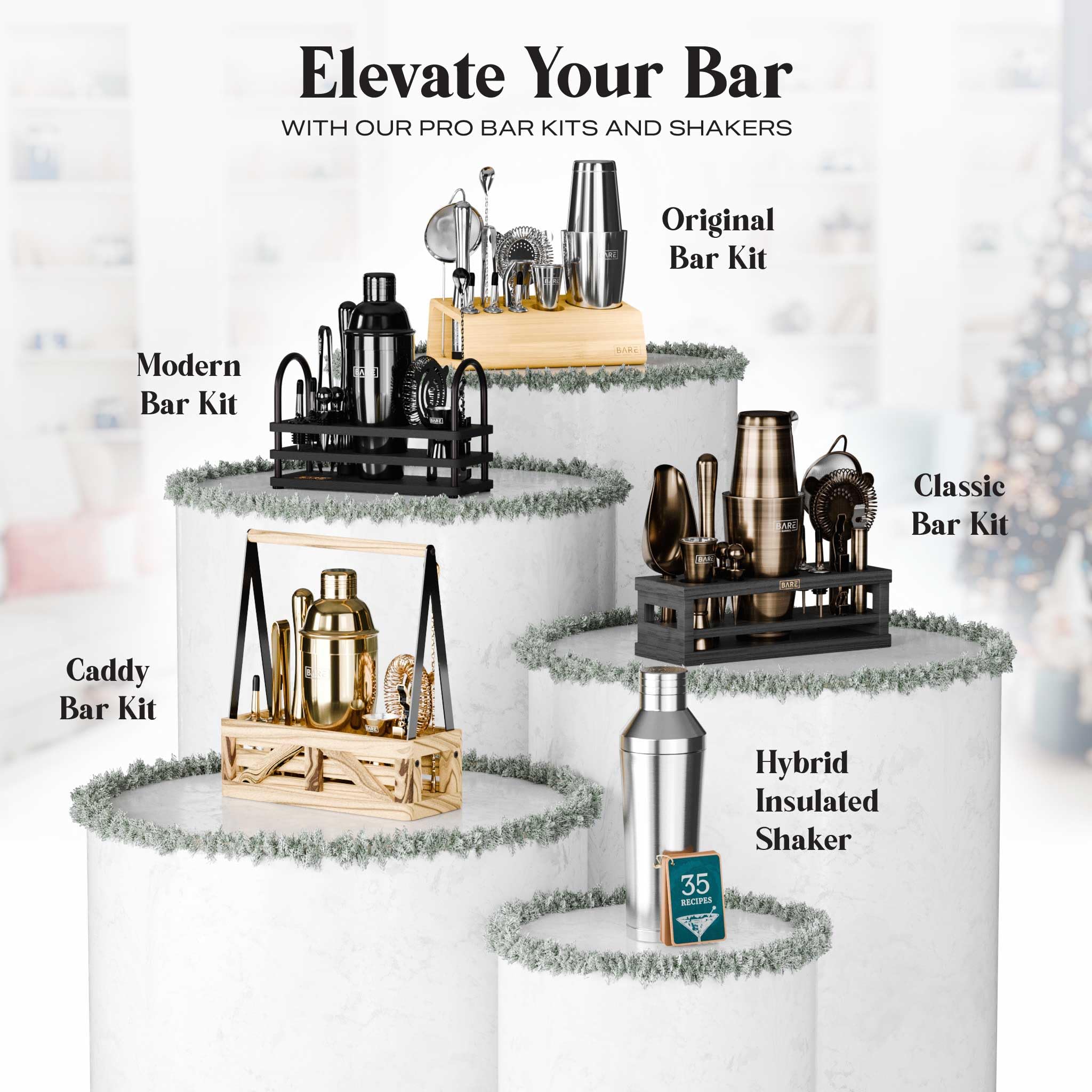 Bare Barrel kit in use with shaker, strainer, and jigger ready for crafting