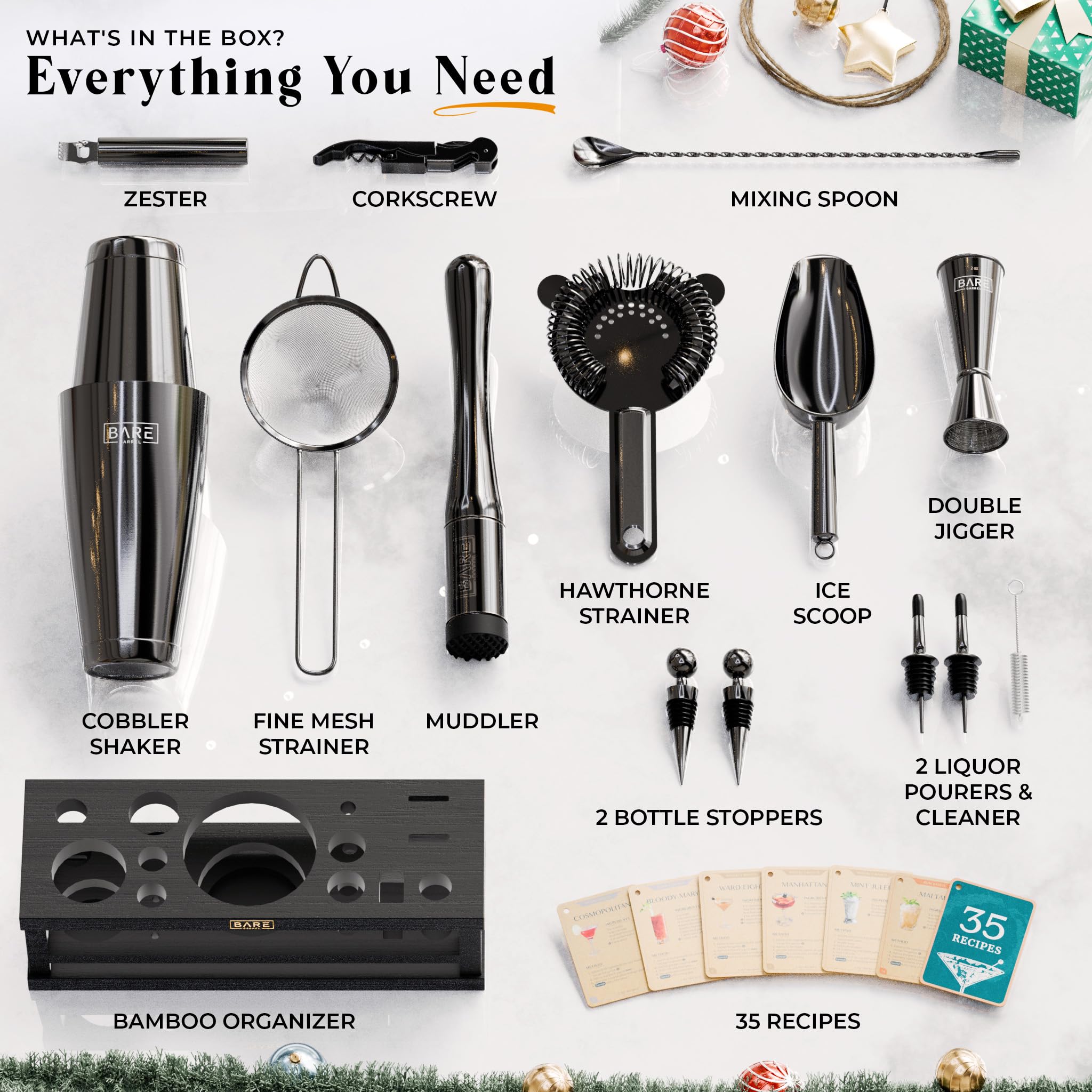 Bare Barrel stainless steel bar tools set with rust-resistant finish.