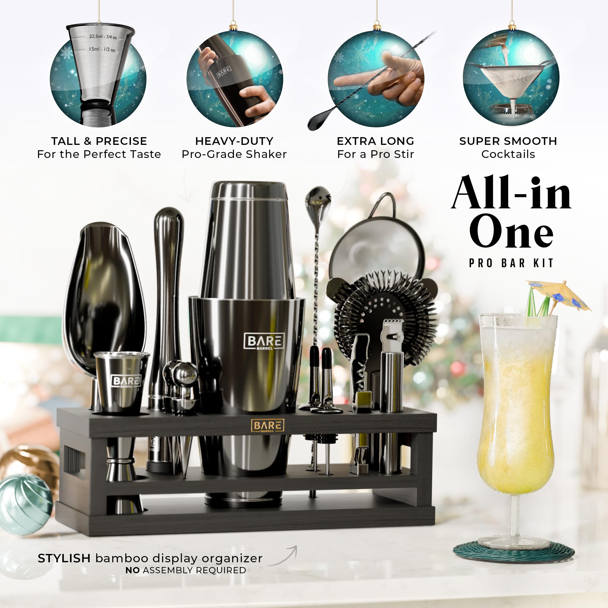 Bare Barrel jet black bar tools for stylish, durable home bartending.