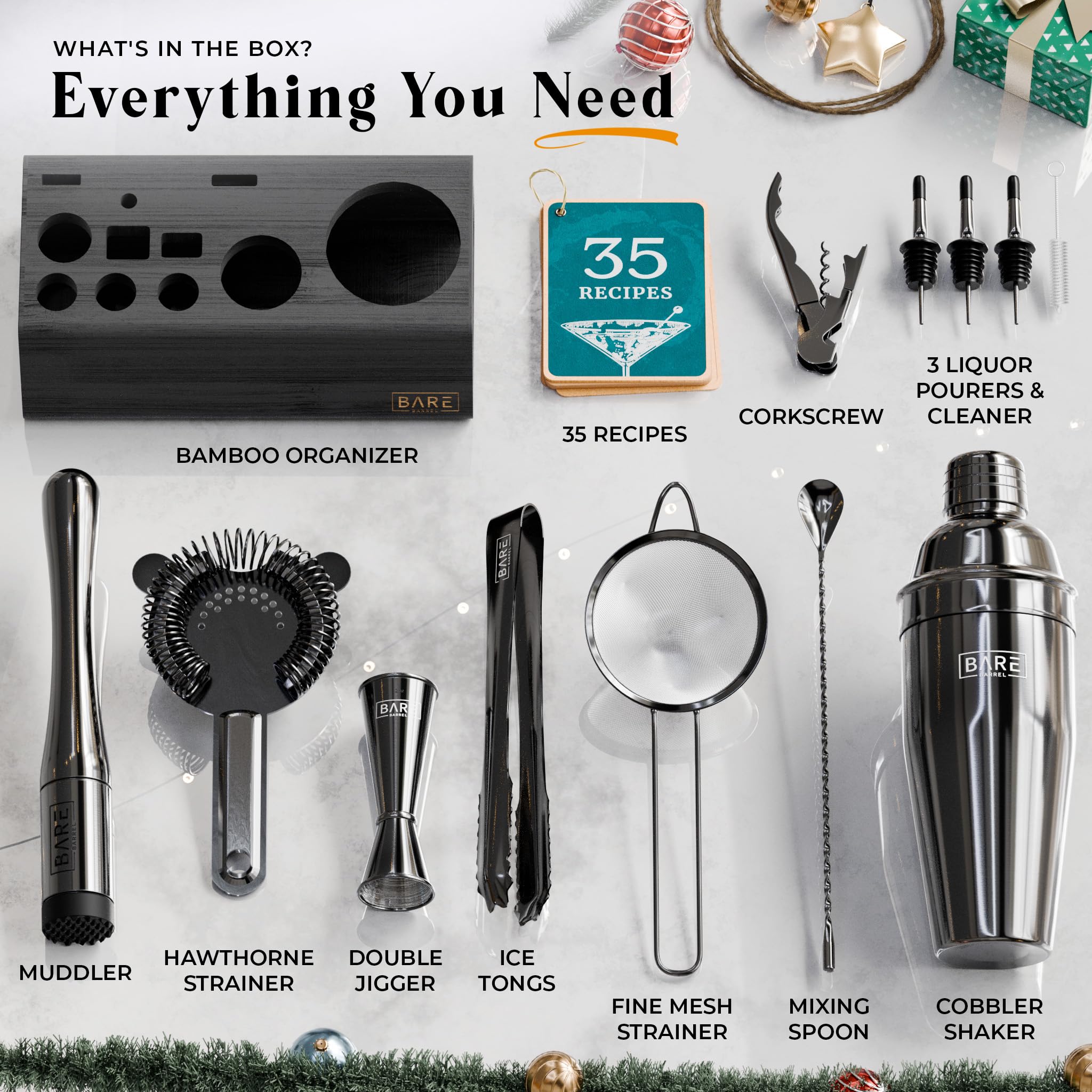Bare Barrel stainless steel bar tools close-up with durable finish