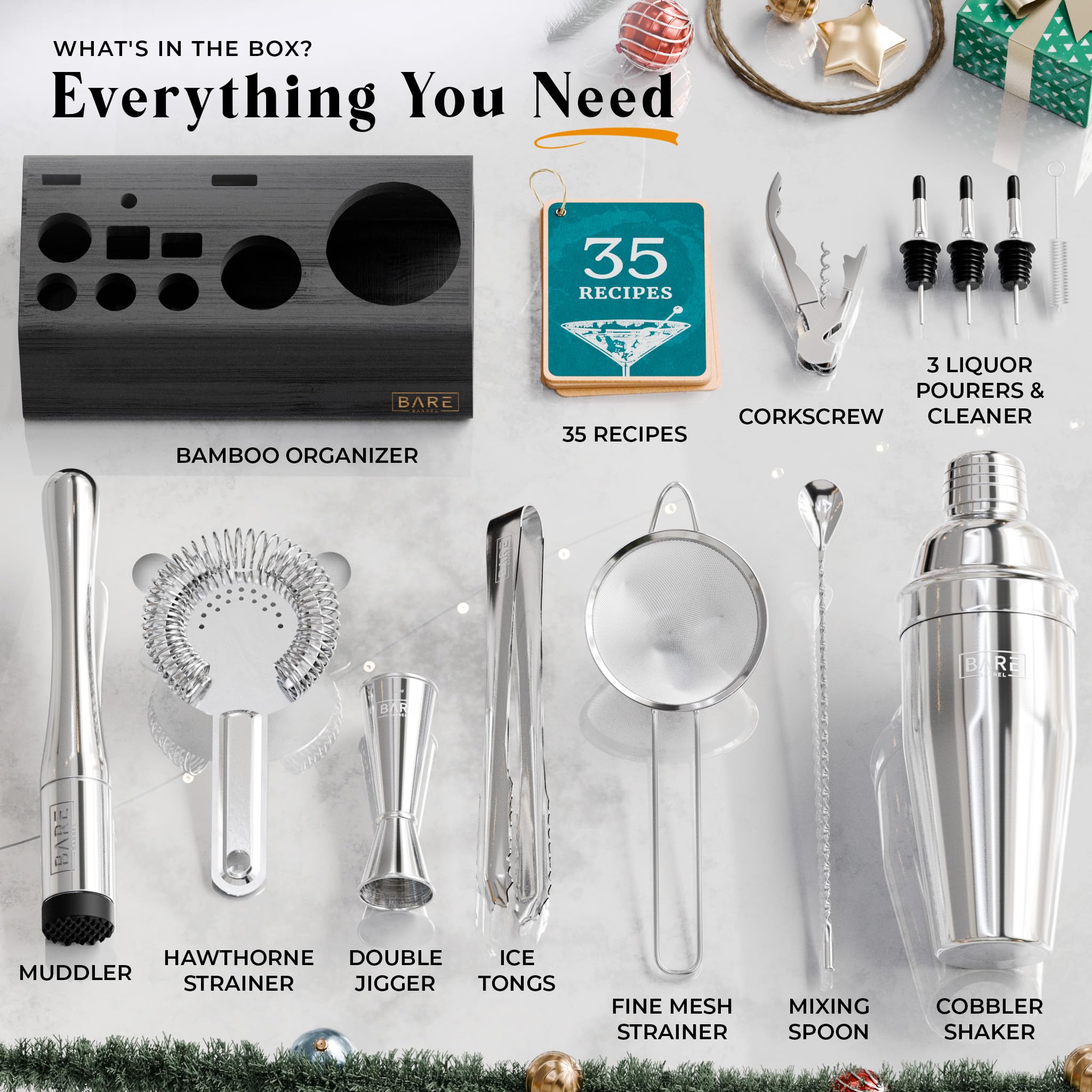 Bare Barrel stainless steel bartending tools shining on a bar