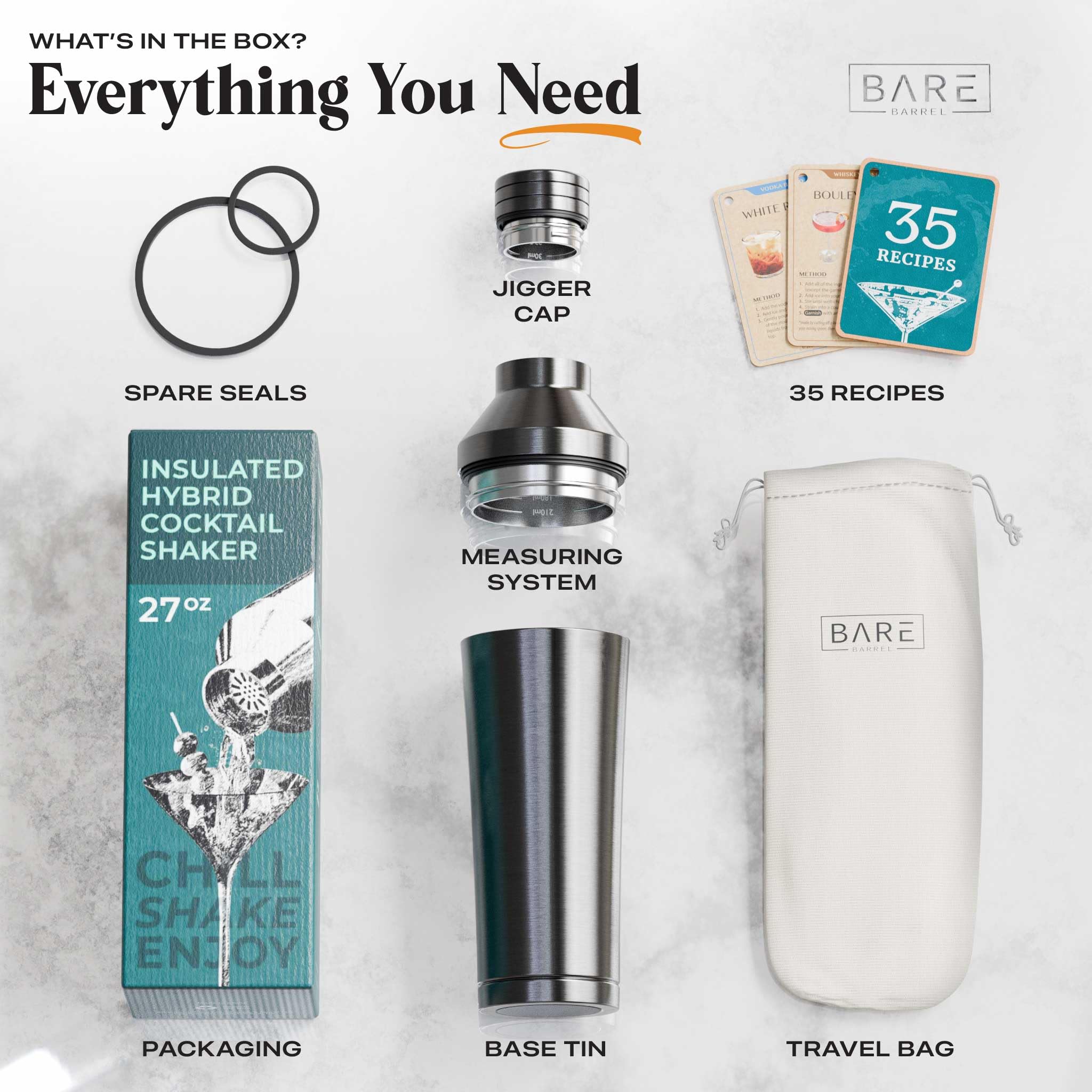 Bare Barrel built-in strainer streams drinks with minimal drips.