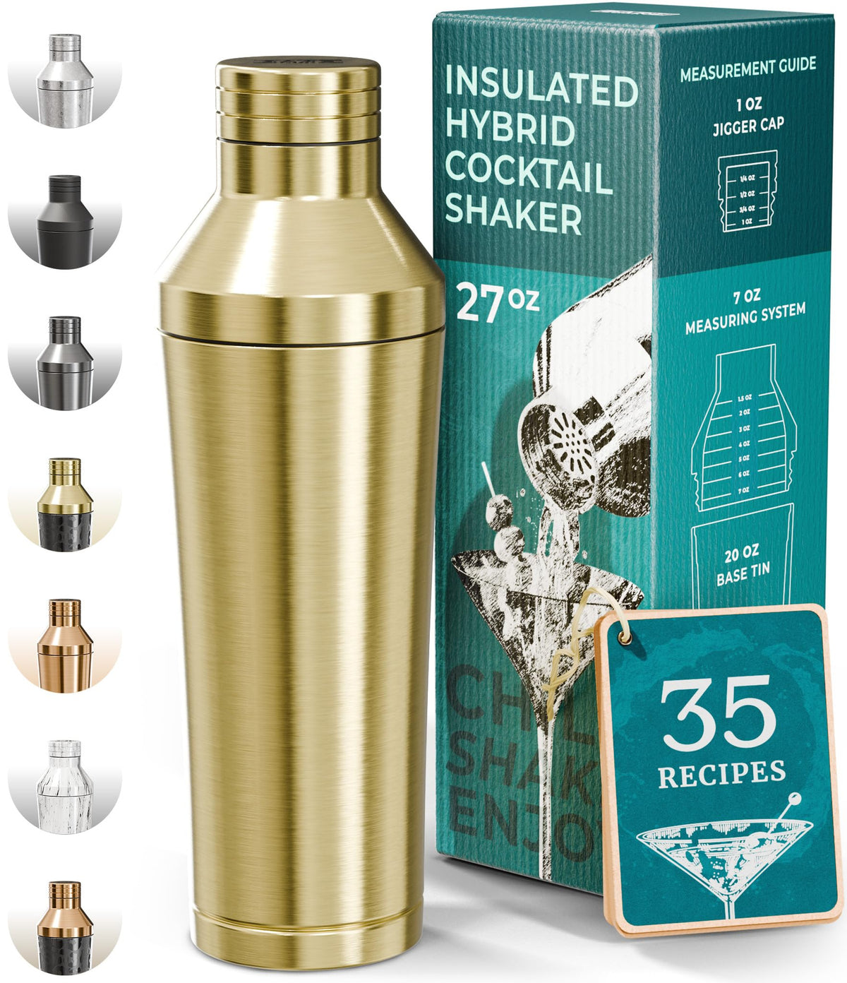Bare Barrel insulated cocktail shaker set in gold keeps drinks cold without sweat.