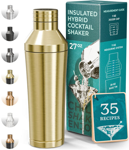 Bare Barrel insulated cocktail shaker set in gold keeps drinks cold without sweat.
