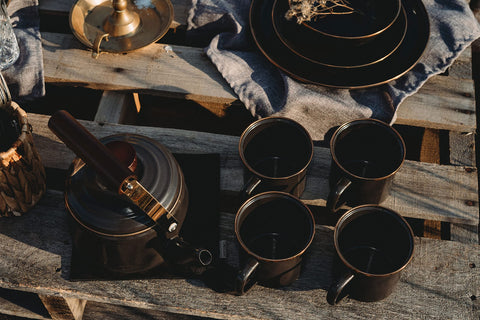 Barebones enamel cup with stainless steel rim, rust-resistant for adventures