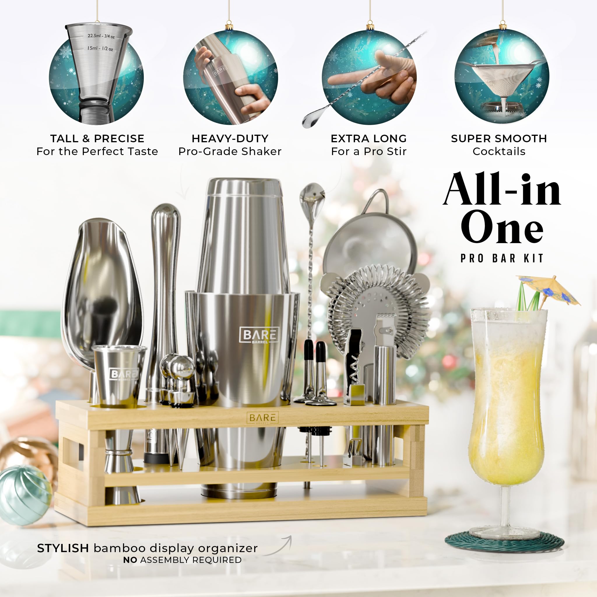 Bare Barrel bamboo organizer display keeps tools neatly arranged for quick bar prep.