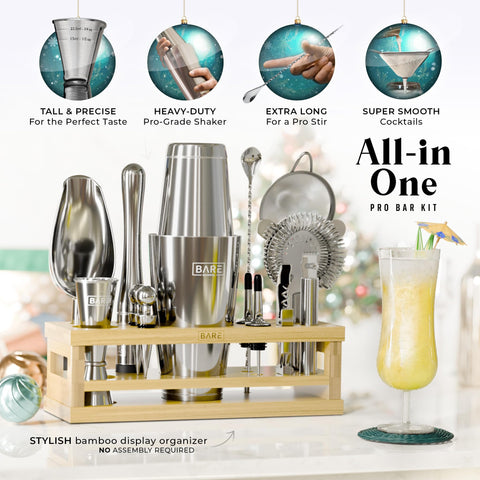 Bare Barrel bamboo organizer display keeps tools neatly arranged for quick bar prep.