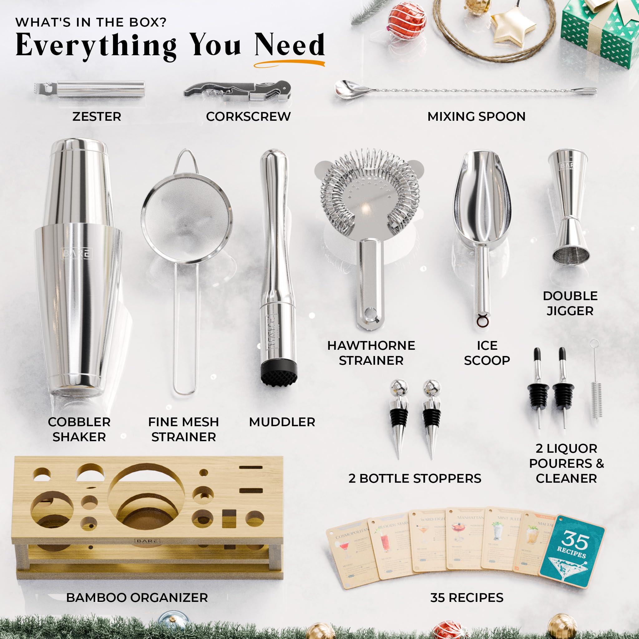 Bare Barrel stainless steel bar tools deliver durable performance and dishwasher-safe cleanup.