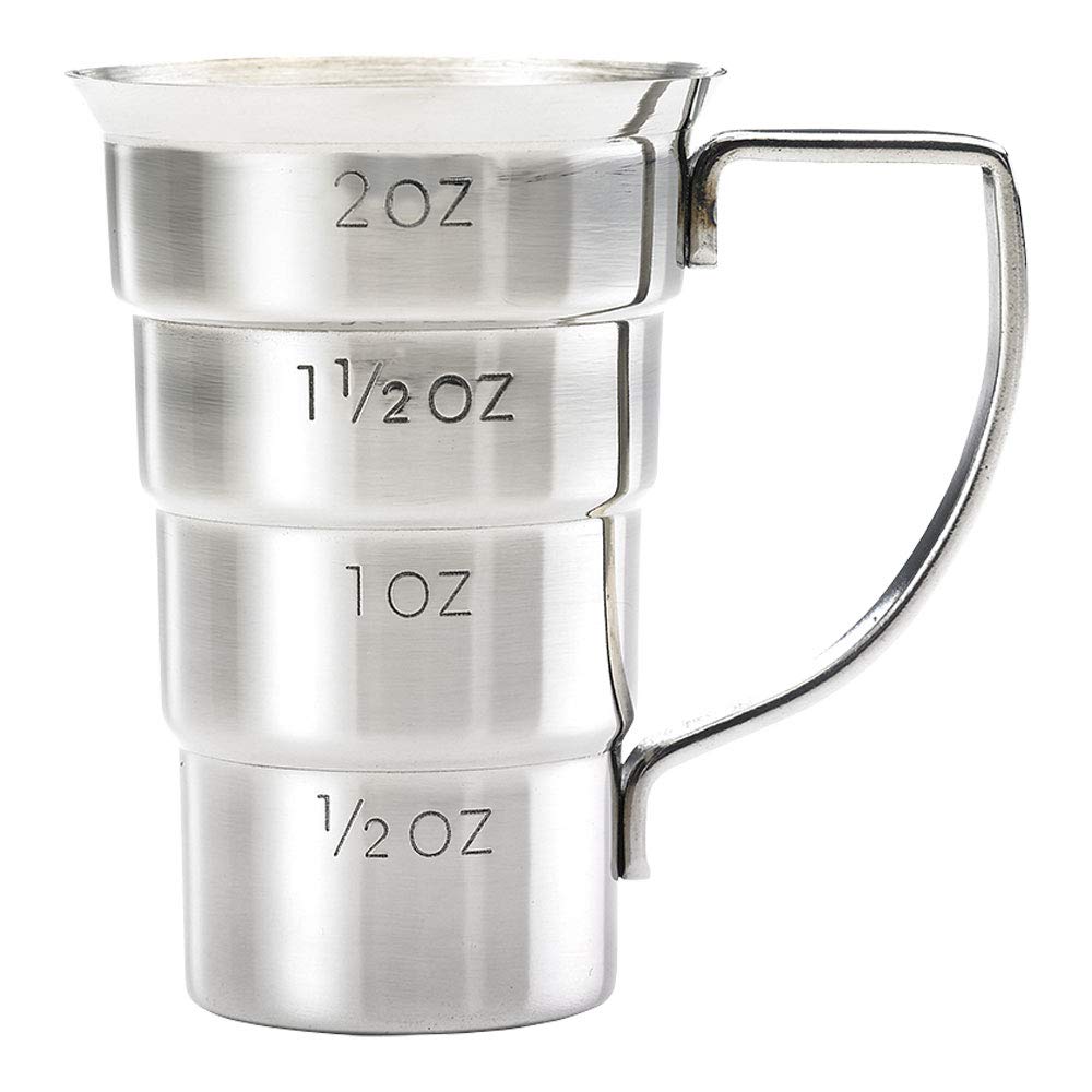 Barfly M37108 drink jigger front view highlights 2 oz capacity for precise cocktail pours.