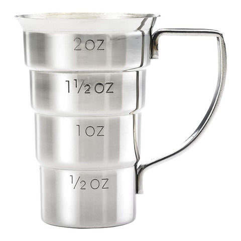 Barfly M37108 drink jigger front view highlights 2 oz capacity for precise cocktail pours.
