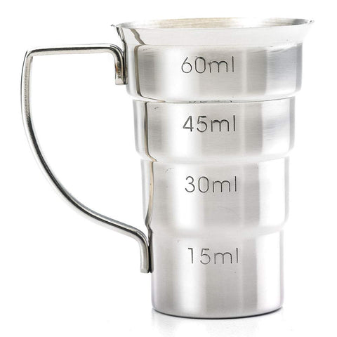 Barfly M37108 jigger with handle for steady pouring and comfortable grip.