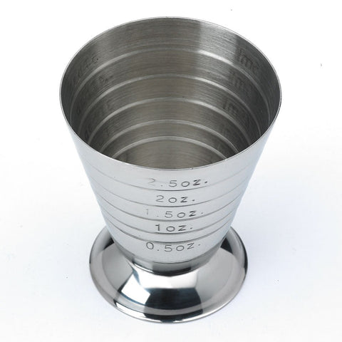 Barfly stainless steel measuring cup with 2.5 oz capacity for syrups and bitters.