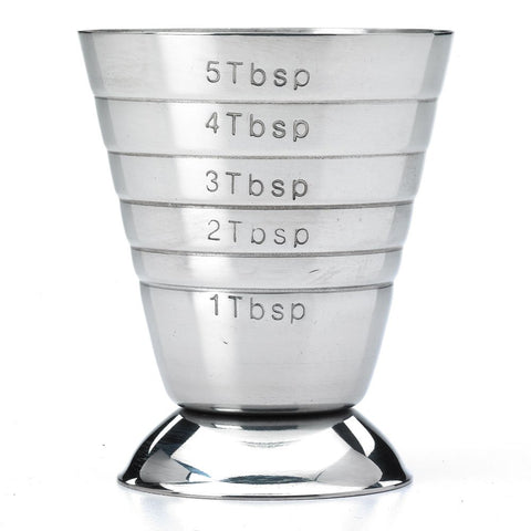 Barfly measuring cup showing embossed oz, ml, and Tbsp markings for quick reads.